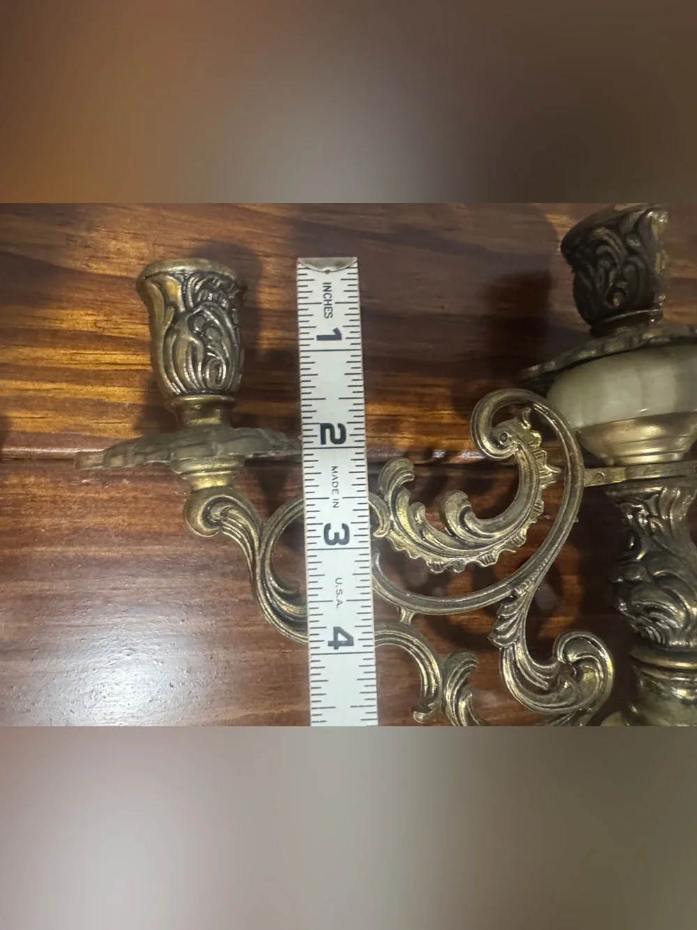 Antique Brass and Cream Marble 3-Arm Candelabra